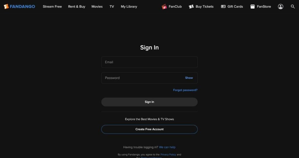 Free movie streaming sites: the legal ones that play without signing up List Fandango Sign In page with a Create Free Account button, shown after pressing Watch Free