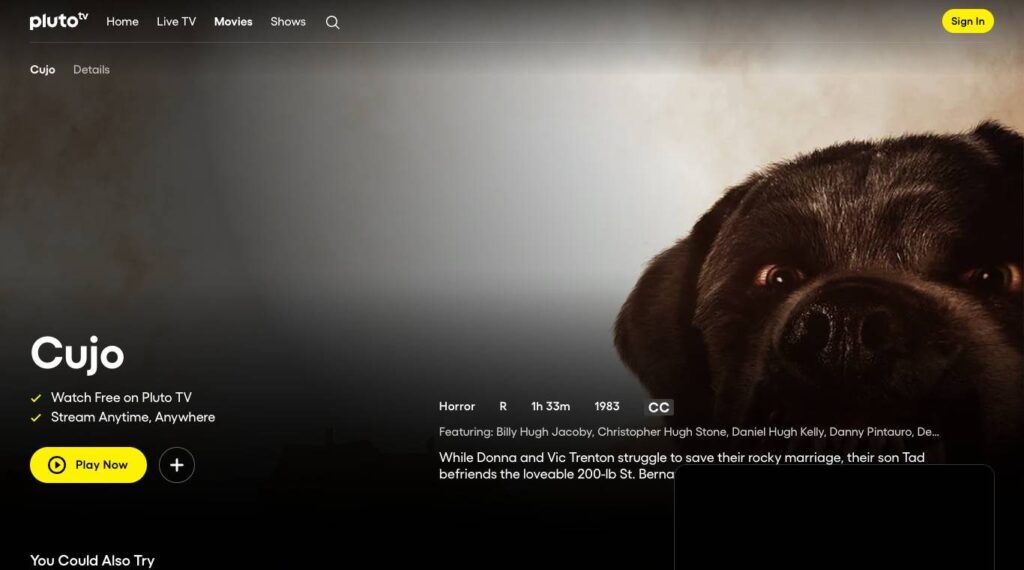 Free movie streaming sites: the legal ones that play without signing up List Pluto TV web page for the film Cujo with a Play Now button, opened from a US connection