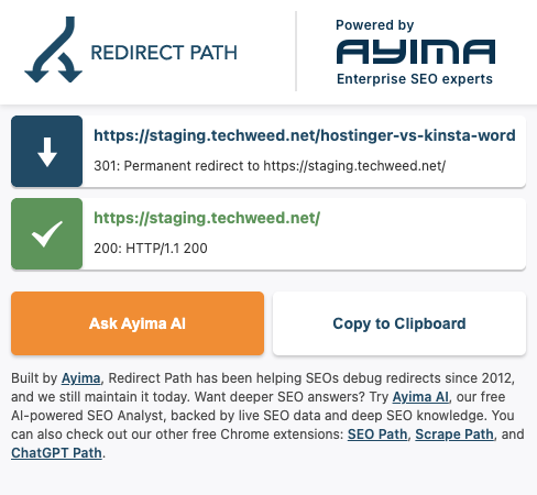Chrome extensions for web developers: the 7 we kept after testing 12 WordPress on a VPS Redirect Path panel: our retired post address returns 301 to the homepage, which returns 200