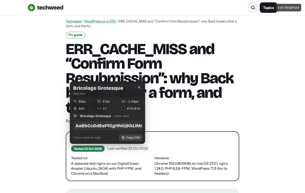 Chrome extensions for web developers: the 7 we kept after testing 12 WordPress on a VPS WhatFont panel over our article headline: Bricolage Grotesque, web font, 64px, weight 800, colour #15181E